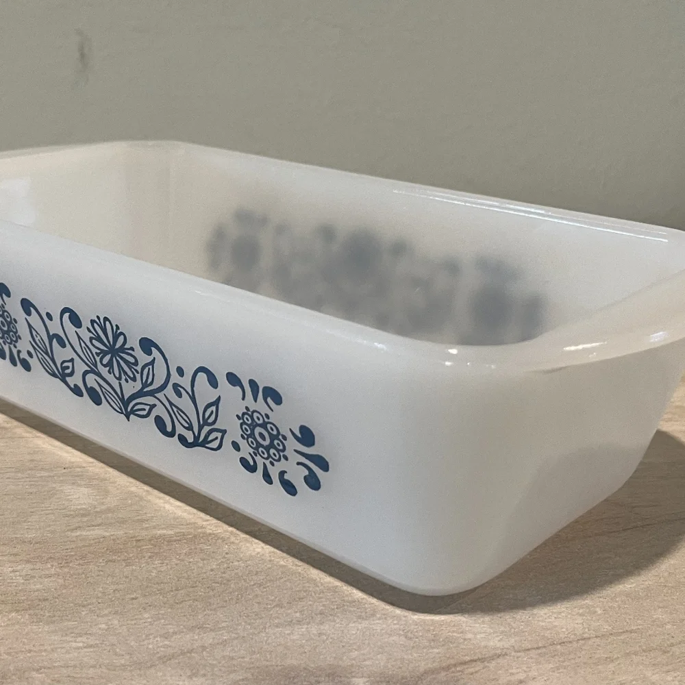 Rare, Vintage Glasbake Milk Glass Color Loaf Dish with Blue Floral Patte…